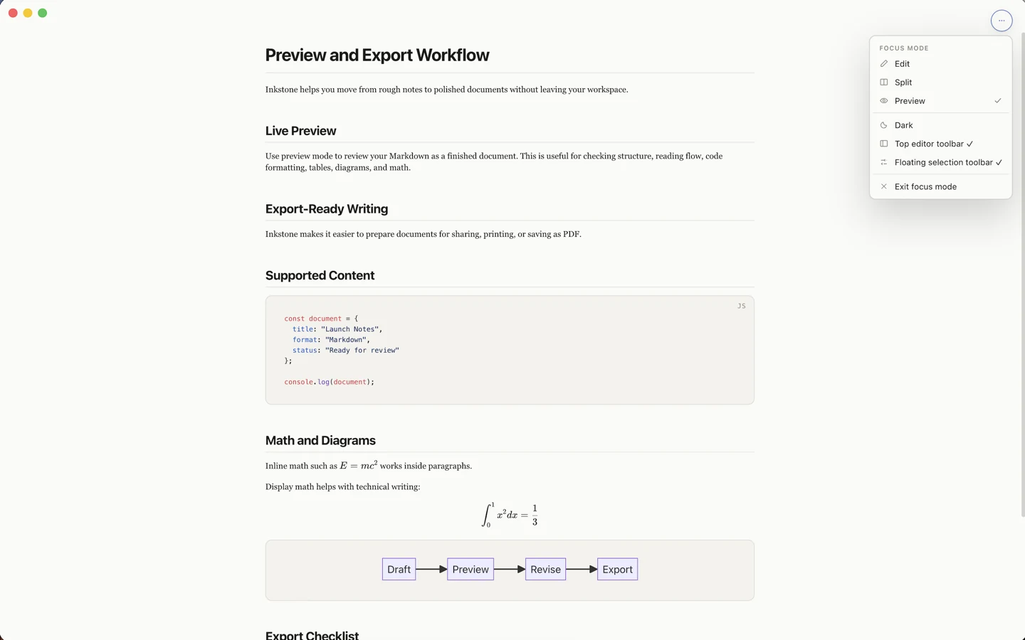 Inkstone focus mode with rendered code, math and diagrams