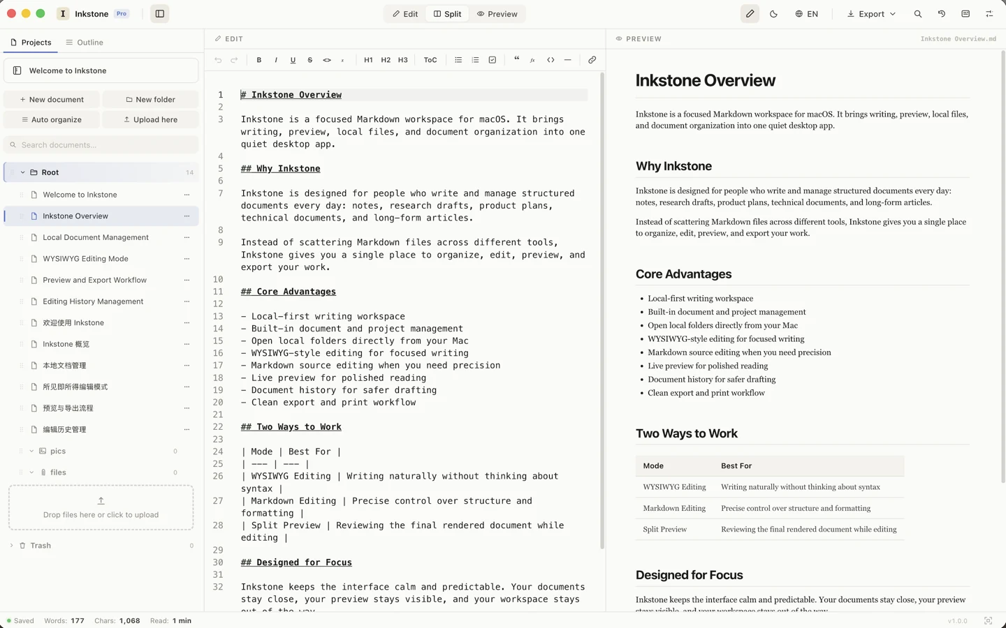 Inkstone split view with Markdown source and rendered preview