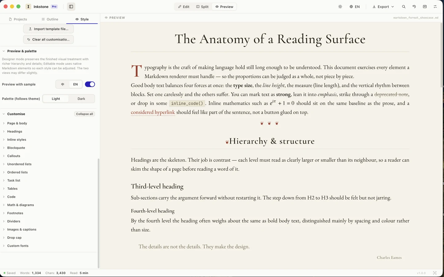 Inkstone style panel with live template customization