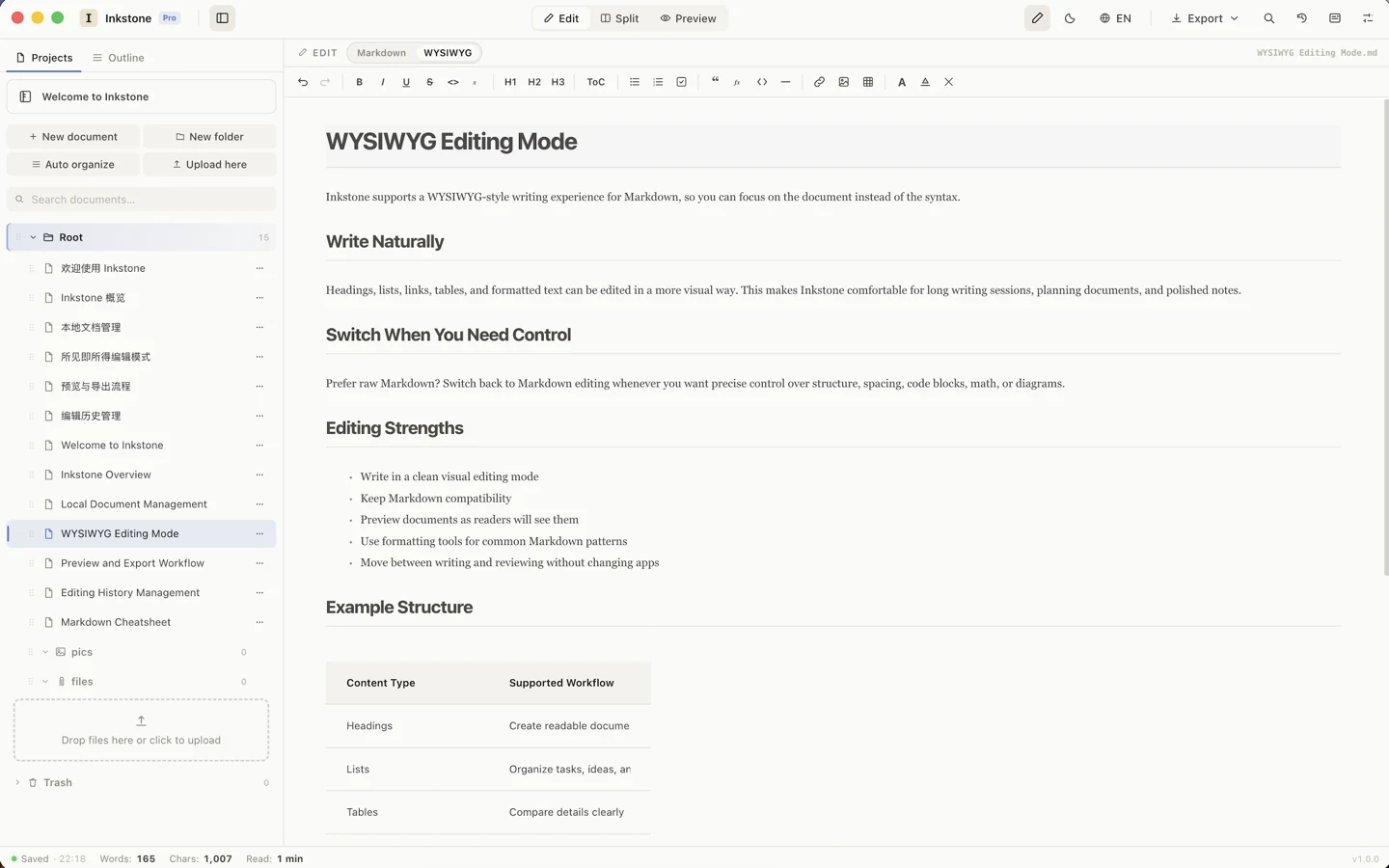 Inkstone WYSIWYG editing mode